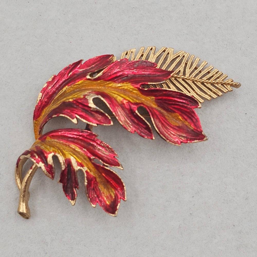 Red Yellow Enamel Leaf Brooch Gold Tone Textured Autumn Fall Statement